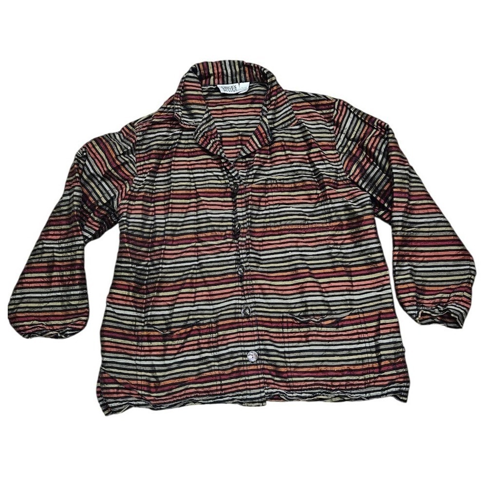Chico's VTG Jacket Women Size 1 Medium Orange Green Striped 100% Silk Button Up